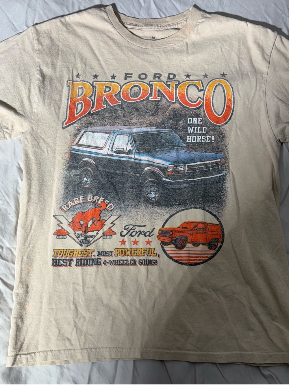 Ford Bronco Graphic Tee in Cream with Orange and Blue Print